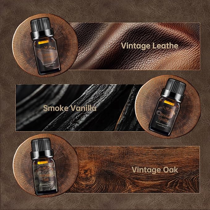Men Essential Oils Set for Diffuser, Valentine's Day Gift for Men - 6x10ml Masculine Fragrance Oils for Candle Making, Scented Oil Gift Set, Mahogany, Sandalwood, Cologne, Smoke Vanilla, Oak, Leather