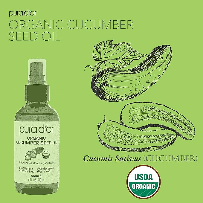 PURA D'OR 4 Oz Organic Cucumber Seed Oil100% Pure USDA Certified Premium Grade All Natural Moisturizer, Cold Pressed, Unrefined, Hexane-Free Base Carrier Oil for DIY Skin Care For Men & Women