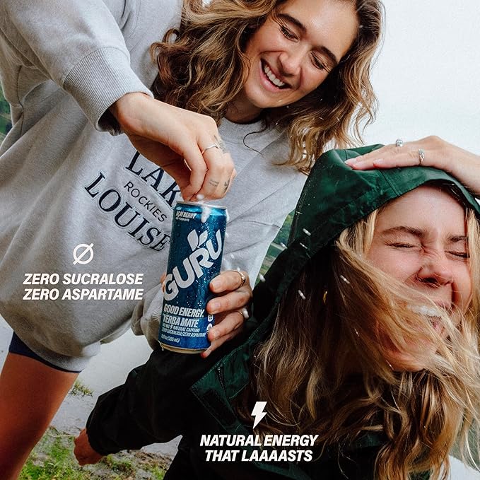 GURU Yerba Mate Organic Energy Drinks, Clean Energy Drink with Plant Based Natural Caffeine from Green Tea, Low Calorie, Gluten Free, 140mg Caffeine, Healthy Drinks, Acai Berry, 12oz (Pack of 24)