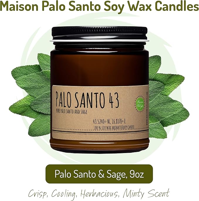 Palo Santo from Ecuador and Greek Sage Essential Oils Aromatherapy Natural Soy Wax Candle for Home Cleansing Blessing Handcrafted in USA 9oz Gift Ready Free Palo Santo Included.