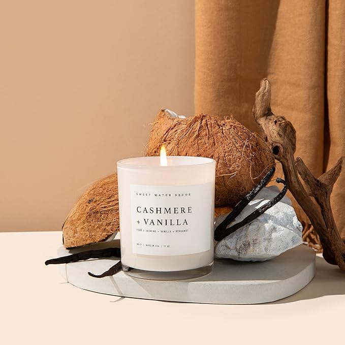 Sweet Water Decor Cashmere and Vanilla Soy Candle - Soft Cashmere, Sandalwood, Jasmine, and Vanilla Scented Candle for Spring - 11oz White Jar and Wood Lid, 50+ Hour Burn Time, Made in The USA