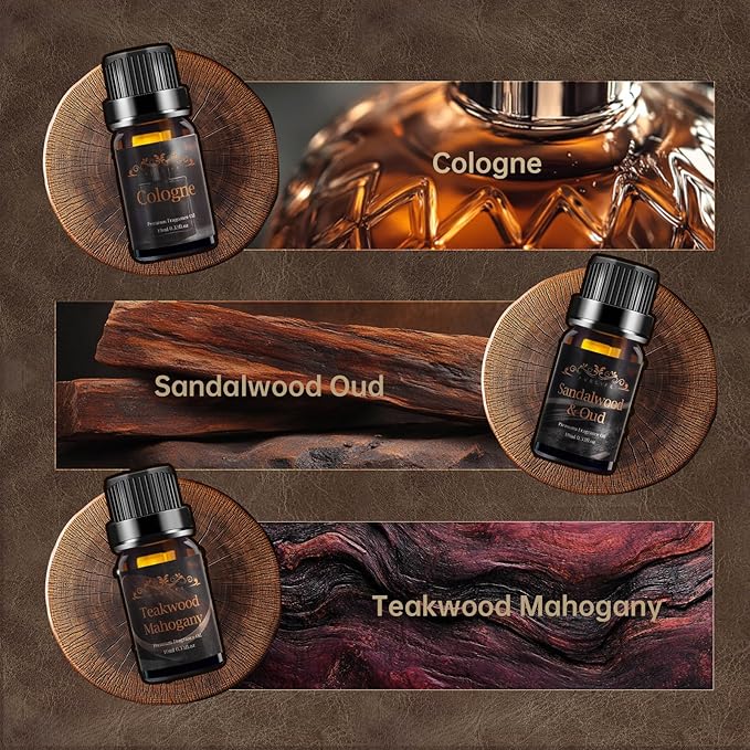 Men Essential Oils Set for Diffuser, Valentine's Day Gift for Men - 6x10ml Masculine Fragrance Oils for Candle Making, Scented Oil Gift Set, Mahogany, Sandalwood, Cologne, Smoke Vanilla, Oak, Leather