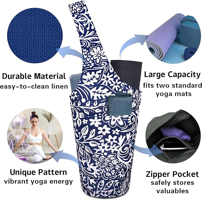 saniwu Yoga Mat Bag Carrier for Women with Side Large Pocket Durable Linen Workout Gym Travel Storage Pilates Mats