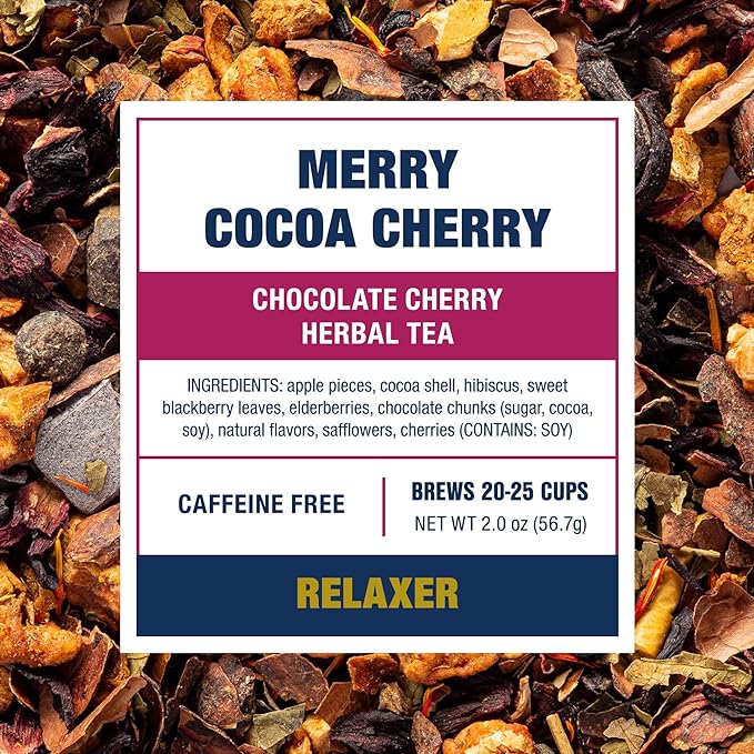 Tiesta Tea Merry Cocoa Cherry Premium Loose Leaf Tea, Chocolate Cherry Herbal Blend, Caffeine Free, Hot or Iced, Brew Up to 25 Cups, Holiday Edition, Gift, Resealable Bulk Pouch, 2 Ounce