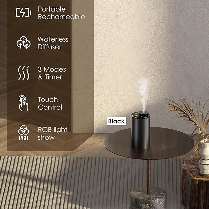 Waterless Essential Oil Diffuser, Diffuser,Portable Aromatherapy Diffuser,Light Show,3 Countdown Timers & 3 Mist Levels for Home, Room, Car, Office. (Black)