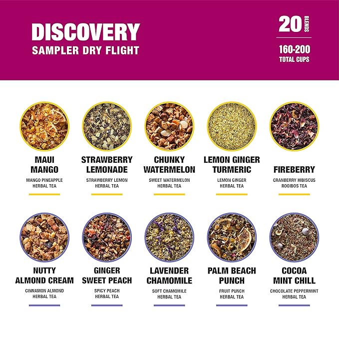 Tiesta Tea - Discovery Sampler Dry Flight Set, Loose Leaf, High to No Caffeine, Hot & Iced Up to 200 Cups, Tea Variety Pack with Green, Herbal, Black & Chai Brew, 20 Resealable Sample Pouches