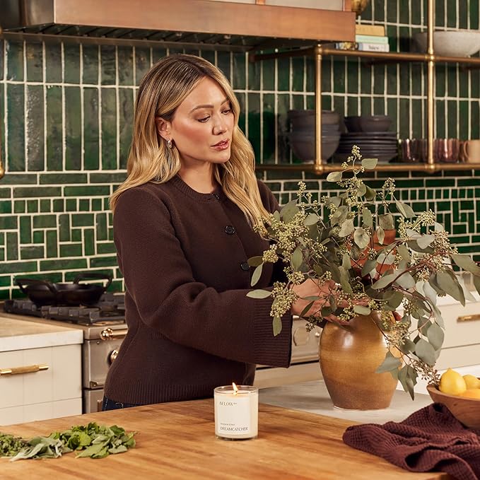 Hilary Duff’s Below 60 Scented Candle | Dreamcatcher | Essential Oil-Based Fragrance | Hand-Made with Paraffin-Free Soy Wax | 100% Cotton Wick | 50 hr Burn Time | Eucalyptus & Basil (10oz)