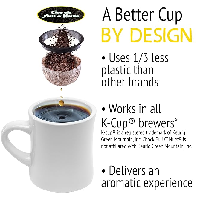 Chock Full o’Nuts Heavenly Hazelnut Roast, Medium Roast K-Cups, Flavored to Perfection with a Great Hazelnut Taste - Compatible with Keurig Pods K-Cup Brewers (1 Pack of 12 Single-Serve Cups)