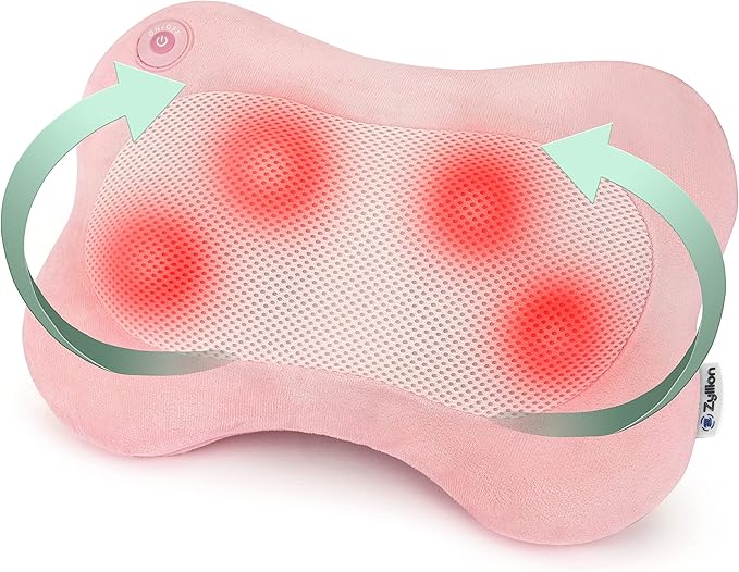 Zyllion Shiatsu Back and Neck Massager with Heat - 3D Electric Kneading Deep Tissue Massage Pillow for Muscle Pain Relief, Pink, ZMA-13