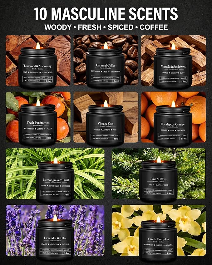 10 Pack Scented Candles for Men, Soy Wax Masculine Candle Gift Set, Aromatherapy Candles for Home, Gifts for Him, Boyfriend, Christmas