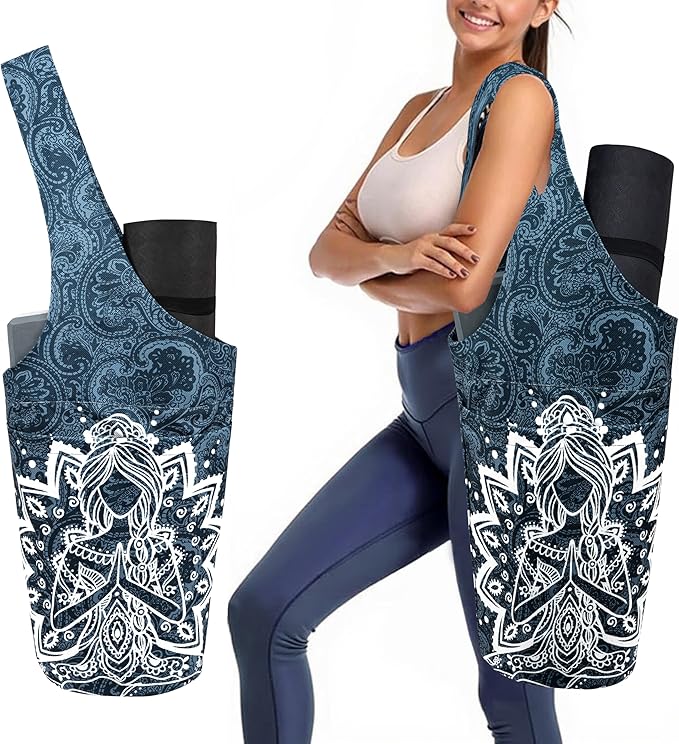 saniwu Yoga Mat Bag Carrier for Women with Side Large Pocket Durable Linen Workout Gym Travel Storage Pilates Mats
