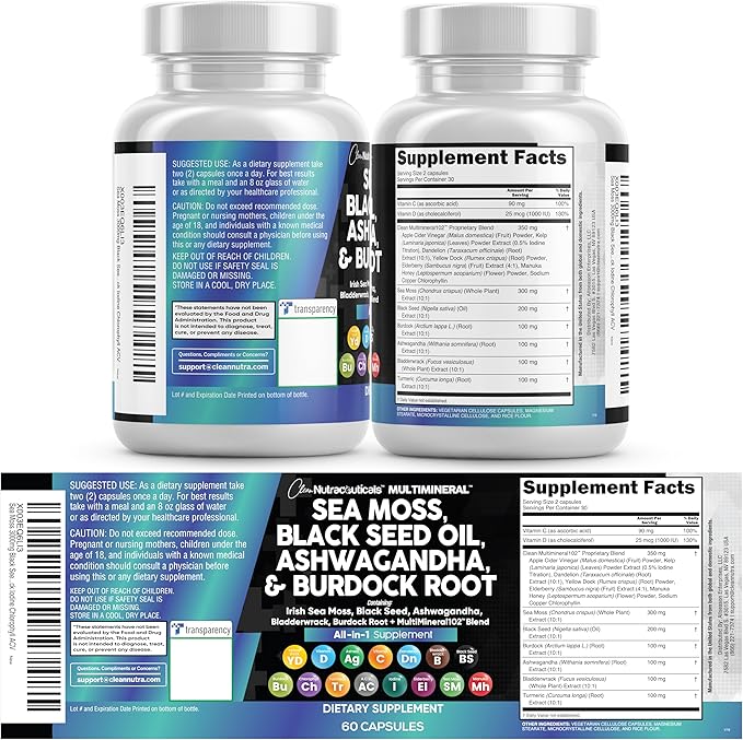 Clean Nutraceuticals Sea Moss Black Seed Oil Ashwagandha Turmeric Bladderwrack Burdock & Vitamin C Vitamin D3 with Elderberry Manuka Dandelion Yellow Dock Iodine Chlorophyll ACV