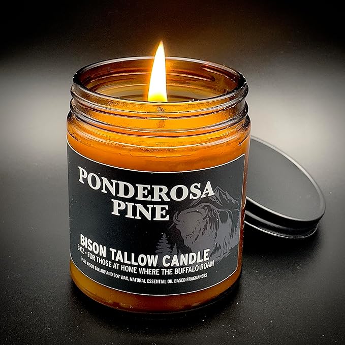 Big Crazy Buffalo Pure Bison Tallow Scented Candle, Ponderosa Pine, 8 oz - Scents of Pine, Cypress, & Cedar - Pure, Low Smoke, Beeswax, Traditional Tallow Candle, Glass Jar