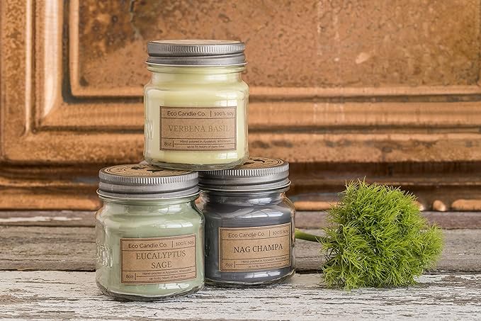 ECO CANDLE CO. Mason Jar Candle, Chamomile Sage, 8 oz. - Scents of Sage & Chamomile - 100% Soy Wax, No Lead, Kraft Label & Antiqued Pewter Lid, Hand Poured, Made from Midwest Grown Soybeans