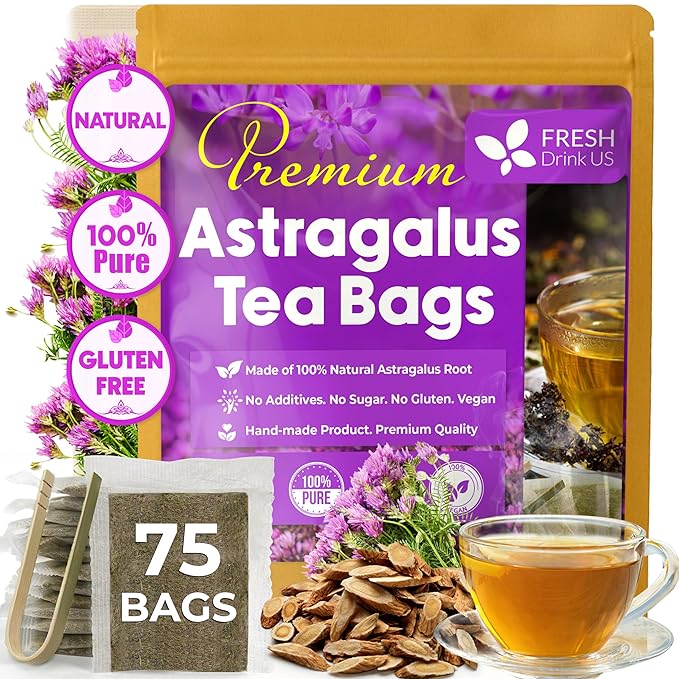 FreshDrinkUS, Premium 75 Astragalus Root Tea Bags, 100% Natural & Pure from Astragalus Root Herbal Tea. Made with Natural Material Tea Bags. No Sugar, No Caffeine, No Gluten, Vegan.