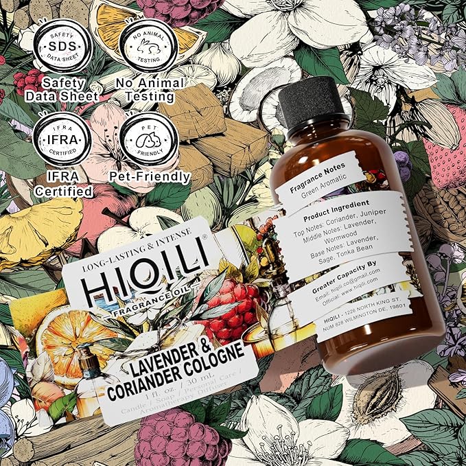 HIQILI Lavender & Coriander Cologne Fragrance Oil for Diffuser, Candle & Soap & Perfume Making, for Hotel and Home, Essential Oil, Long-Lasting Aroma - 1fl oz