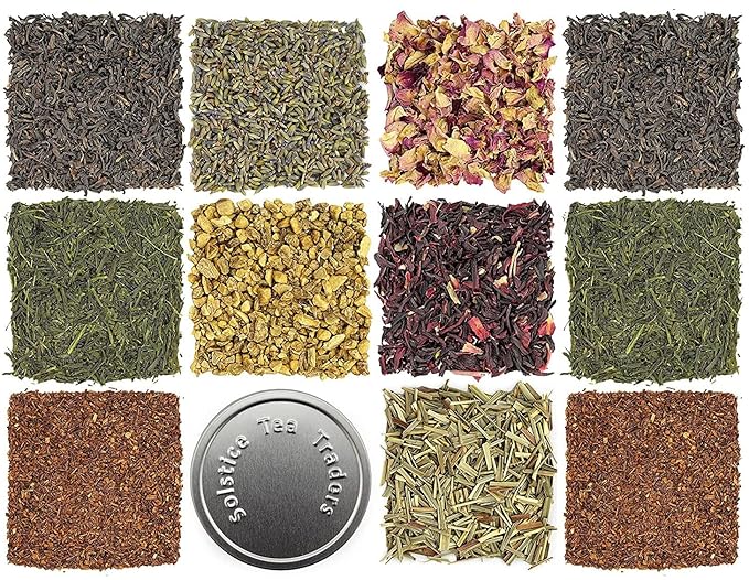 Loose Leaf Tea Sampler Create Your Own Tea Blend Starter Kit w/Sencha, Rooibos, China Black, & Ginger, Lavender, Rose, Lemongrass, Hibiscus Spices
