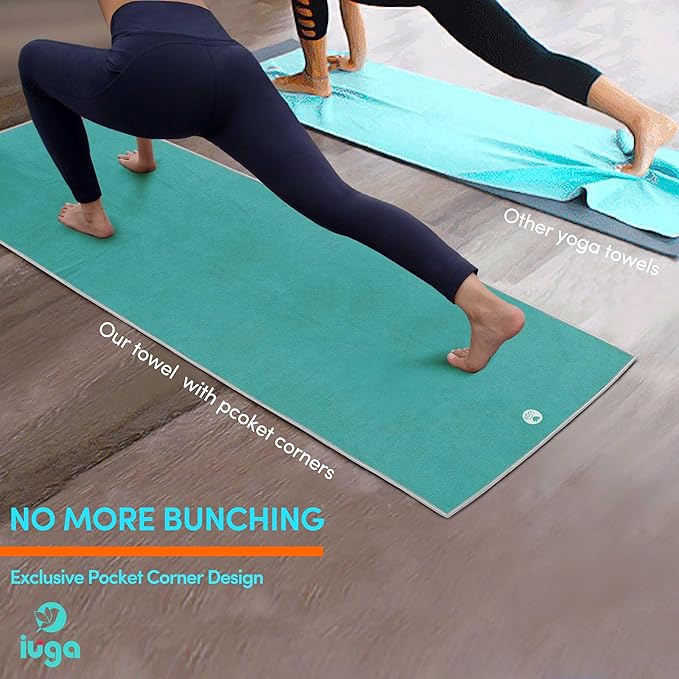 IUGA Yoga Towel for Hot Yoga Non Slip Extra Thick Yoga Mat Towel + Hand Towel 2in1 Set with Corner Pockets Super Absorbent and Quick Dry Hot Yoga Towel