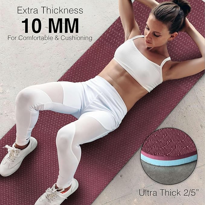 Feetlu Extra Thick Exercise Yoga Mat with Strap - 2/5 Inch (10MM), Non-Slip Workout Mat for Yoga, Pilates, and Floor Exercises