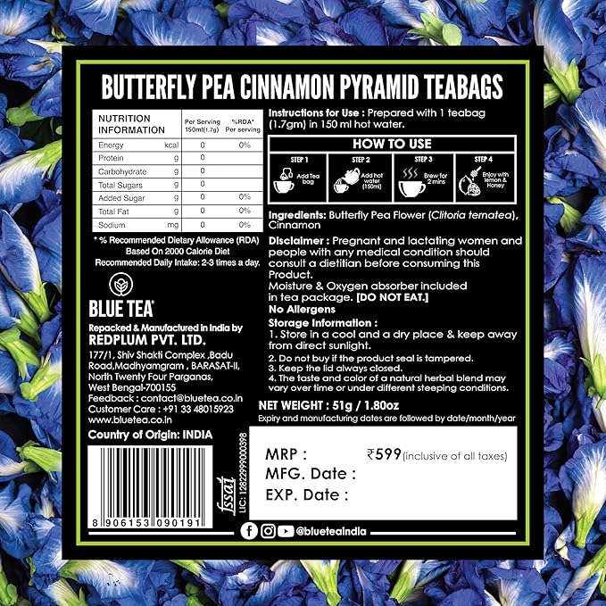 BLUE TEA - Butterfly Pea Flower Tea - Cinnamon - 30 Count - Pyramid Plant Based Tea Bag | Gokarna | ANTIOXIDANT RICH | Herbal Tea - Caffeine Free - Flower Based - Vegan - Non-Bitter | Tin Pack