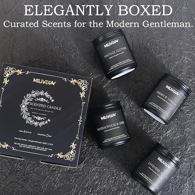 MILIVIXAY Scented Candles for Men-4 Pack Soy Wax Candles for Home Scented, 200 Hour Burn Time, 36oz Men Candle Set, Lavender Woods/Vintage Leather/Smoke & Vanilla/Sandalwood & Oud.