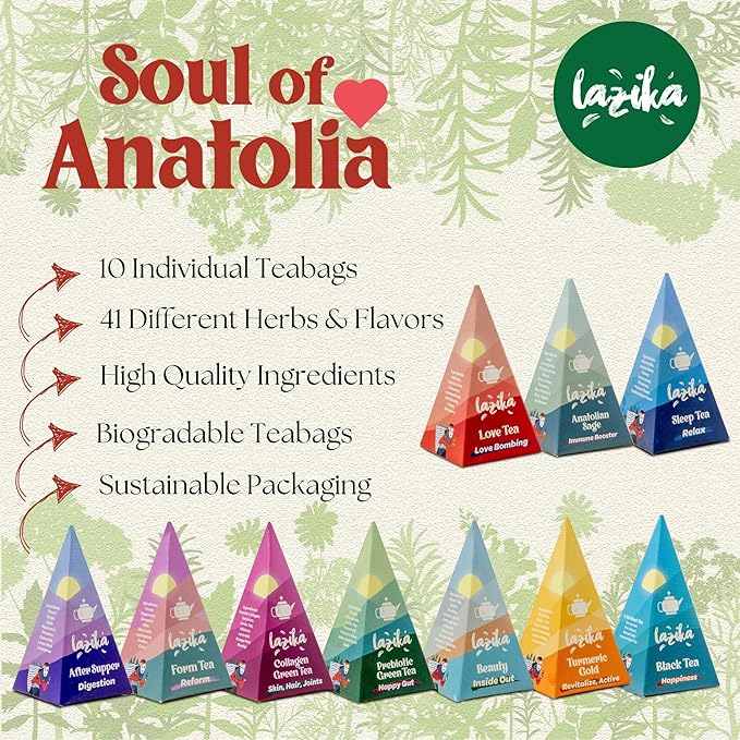 Lazika Tea Variety Pack with Lovely Presentation Box, Black, Green and Herbal Tea Sampler Gift Set, 20 Counts, Premium Collection with Pyramid Infuser Bag, Handcrafted