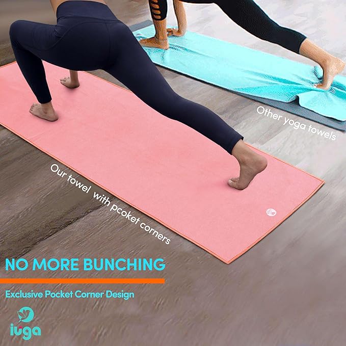 IUGA Yoga Towel for Hot Yoga Non Slip Extra Thick Yoga Mat Towel + Hand Towel 2in1 Set with Corner Pockets Super Absorbent and Quick Dry Hot Yoga Towel