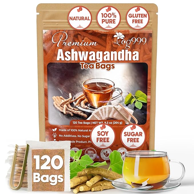TOG999, Premium 120 Ashwagandha Root Tea Bags, 100% Natural & Pure, Ashwagandha Root Herbal Tea. No Sugar, No Caffeine, No Gluten, Vegan.