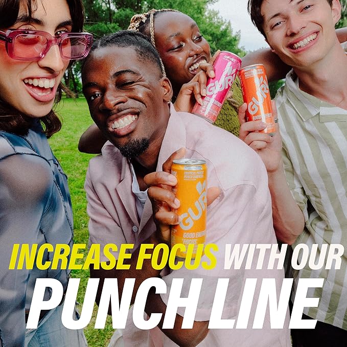 GURU Tropical Punch Organic Energy Drinks, Clean Energy Drink with Plant Based Natural Caffeine from Green Tea + Focus with L Theanine, Gluten Free, 140MG Caffeine, Healthy Drinks, 12oz (Pack of 12)