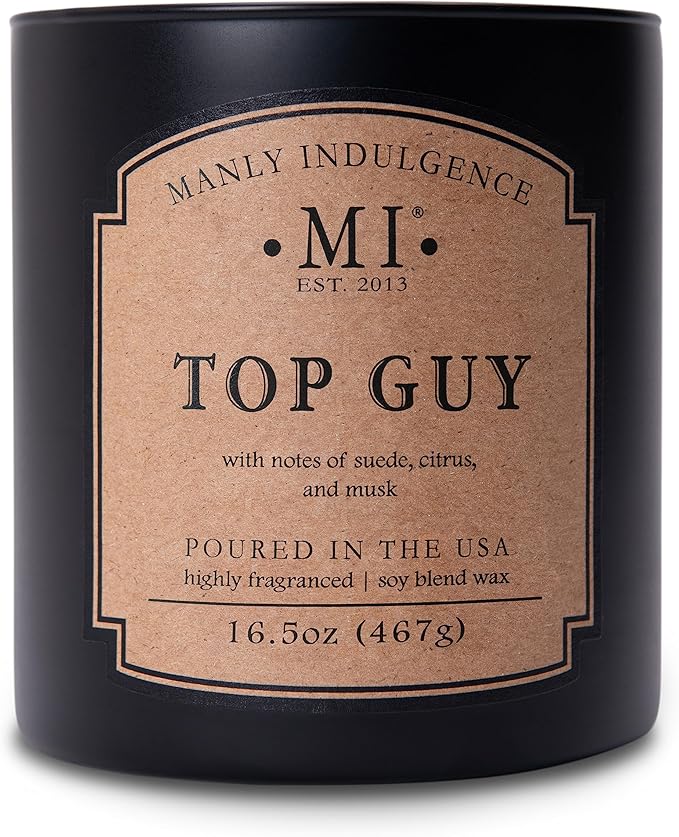 Manly Indulgence Top Guy Scented Candles for Men, 2 Wick, 16.5 oz, Premium Soy Blend Wax, 60H Burn, Candles for Home Scented - Made in The USA