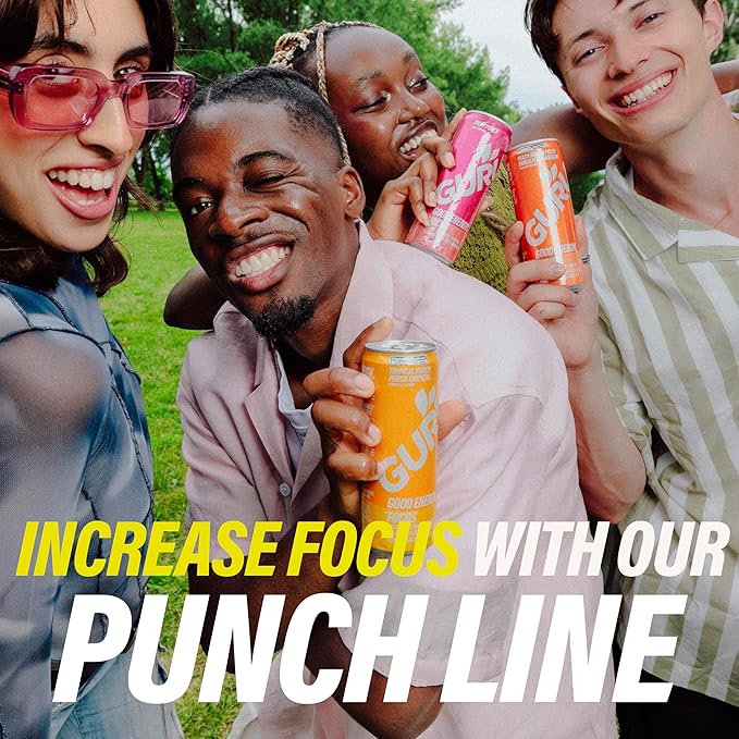 GURU Peach Mango Punch Organic Energy Drinks, Clean Energy Drink with Plant Based Natural Caffeine from Green Tea + Focus with L Theanine, Gluten Free and Vegan, 140MG Caffeine, 12oz (Pack of 24)