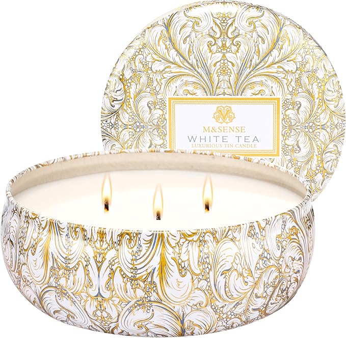 M&SENSE White Tea Scented Candles, Large 3 Wick Soy Tin Candle, Over 40 Hour Burning Time, 100% Natural Vegan Wax, Relaxing Aromatherapy Aesthetic Candle Gift for Women Men
