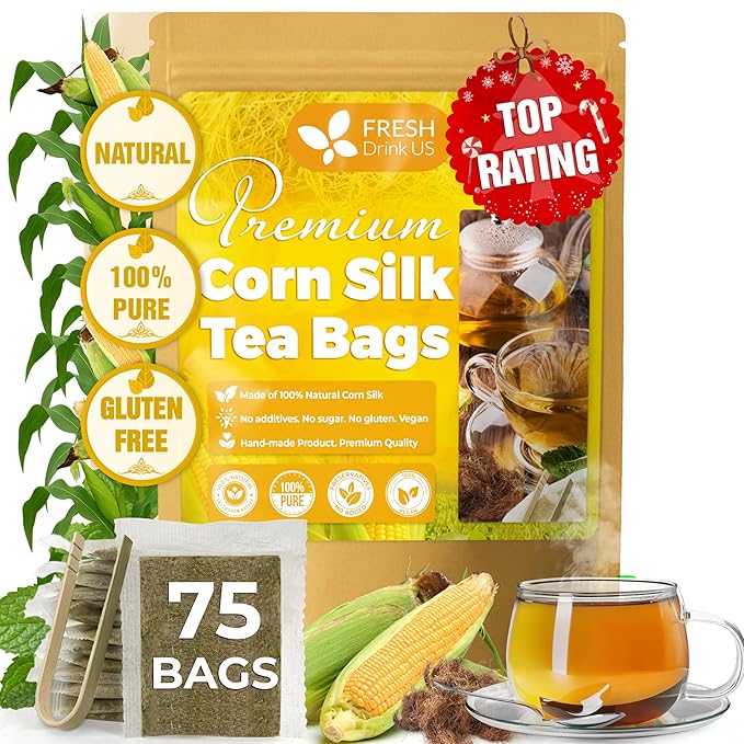 FreshDrinkUS, Premium 75 Tea Bags Corn Silk Tea, 100% Natural & Pure from Corn Silk. Herbal Tea. Clean Ingredients. Made with Natural Material Tea Bags. No Sugar, No Caffeine, Vegan.