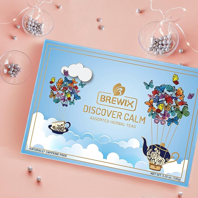 BREWIX, Discover Calm Premium Herbal Tea Christmas Gift Box (3.53oz/50+ Cups) | Tea Gift Sets For Tea Lover | 6 Unique Herbal Teas | Best for Birthdays, Anniversaries & Holidays