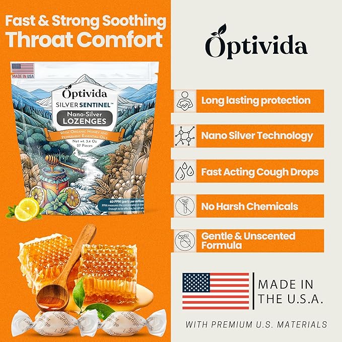 OPTIVIDA Nano Colloidal Silver Lozenges 60 PPM - Organic Cough Drops for Adults - Soothing Natural Honey Sore Throat Lozenges for Immune Support - Cold & Cough Relief Formula for Adults & Kids - 27ct