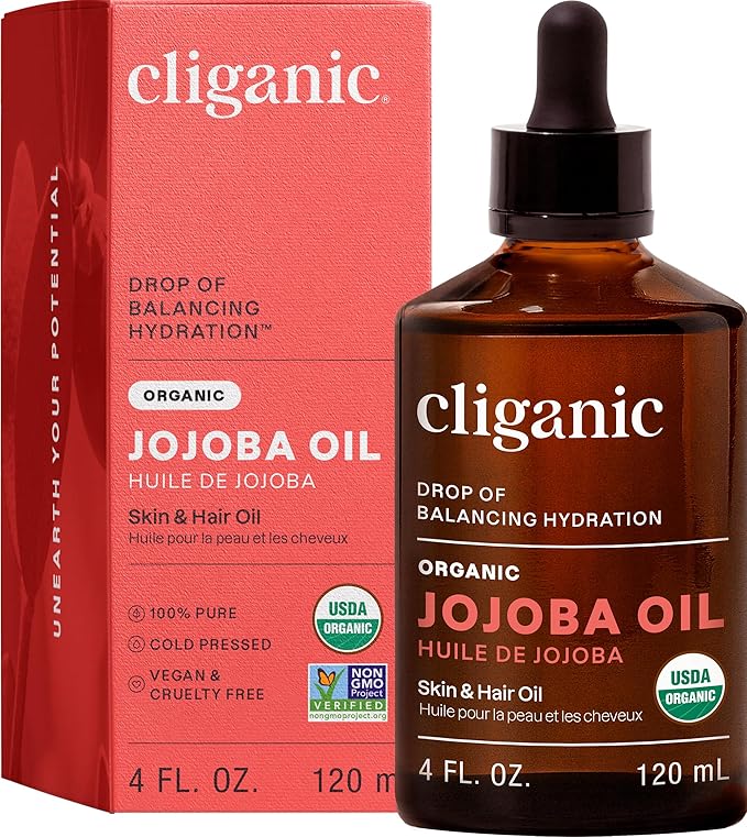 Cliganic Organic Jojoba Oil, 100% Pure (4oz) | Moisturizing for Face, Hair, Skin & Nails | Natural Cold Pressed Hexane Free | Base Carrier Oil