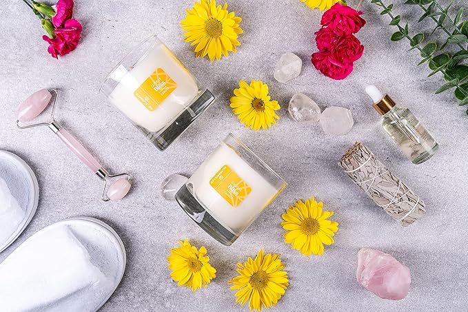 Luxury Glass Jar Candle, 8 OZ, Choose Bliss - Citrine Crystal Infused - Scents of Grapefruit, Bergamot, and Spiced Pear - Happiness, Joy, & Contentment - Coconut Wax, Essential Oils
