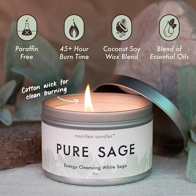 White Sage Candles for Cleansing House Negative Energy, 45 Hour Burn, Pure Sage Smudge Candle, Positive Energy Meditation Candle, Aromatherapy Candle, Spiritual Gifts, Healing Sage