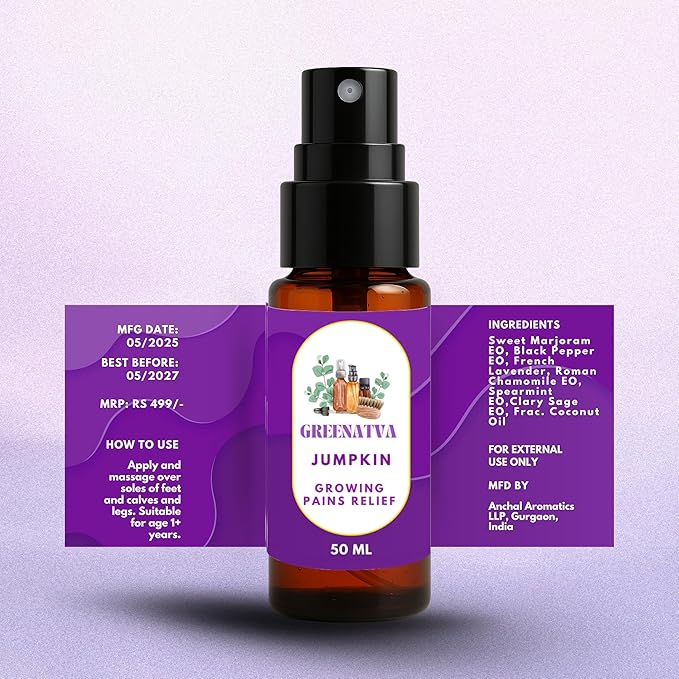 Jumpkin by Greenatva - Growing Pain Relief for Kids 50 ml (1.69 fl oz) - 100% Pure, Sleep & Massage Oil for Kids, Blend of Marjoram, Lavender, Black Pepper & Chamomile for (1-10 Ages)