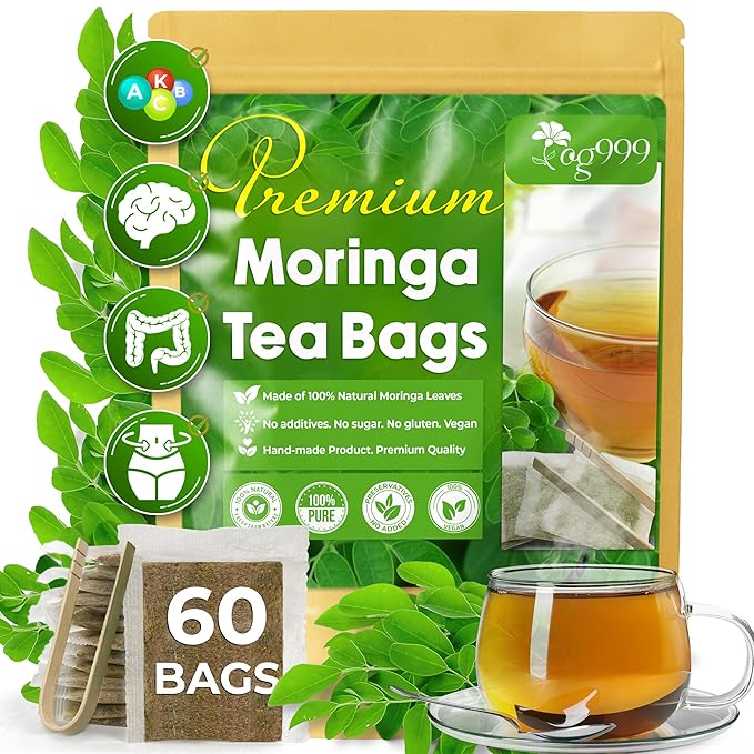 TOG999, Premium 60 Moringa Leaf Tea Bags, 100% Natural & Pure. Loose Leaf Moringa Herbal Tea. No Sugar, No Caffeine, No Gluten, Vegan.