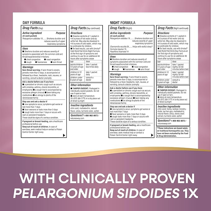 Nature's Way Umcka Cold Relief Hot Drink, Homeopathic, Clinically Proven Pelargonium Sidoides 1X, for Cough, Congestion, Sore Throat, Stuffy Nose, Day & Night Formula, 12 Packets (Packaging May Vary)