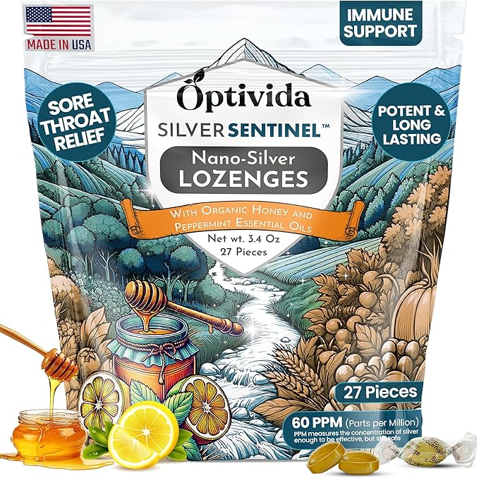 OPTIVIDA Nano Colloidal Silver Lozenges 60 PPM - Organic Cough Drops for Adults - Soothing Natural Honey Sore Throat Lozenges for Immune Support - Cold & Cough Relief Formula for Adults & Kids - 27ct