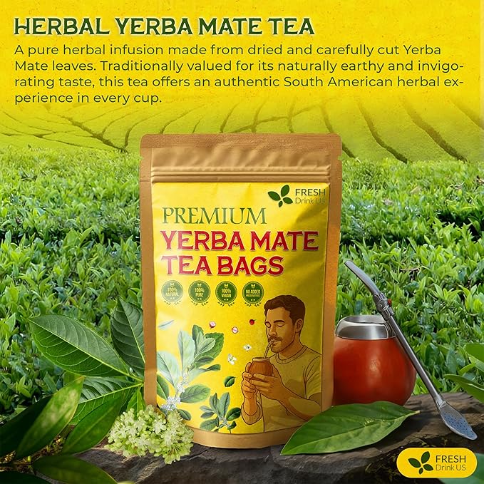 FreshDrinkUS, Yerba Mate Tea Bags | 120 Tea Bags | Traditional South American Herbal Tea – Smooth & Refreshing Flavor – Premium Quality, Sustainably Sourced. Vegan.