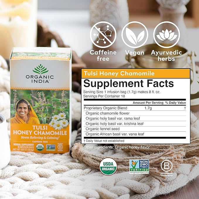 Organic India Tulsi Honey Chamomile Herbal Tea - Holy Basil, Stress Relieving & Calming, Immune Support, Adaptogen, Vegan, USDA Certified Organic, Caffeine-Free - 18 Infusion Bags, 6 Pack