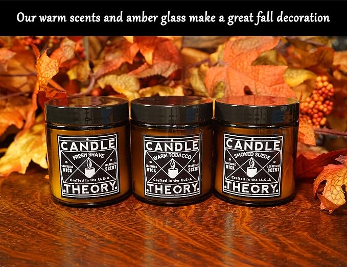 Candle Theory Man Cave Stuff Men 4oz Candles Set of 3, Crackling Woodwick Masculine Scent, Warm Tobacco Cigar, Smoked Suede, Fresh Shave