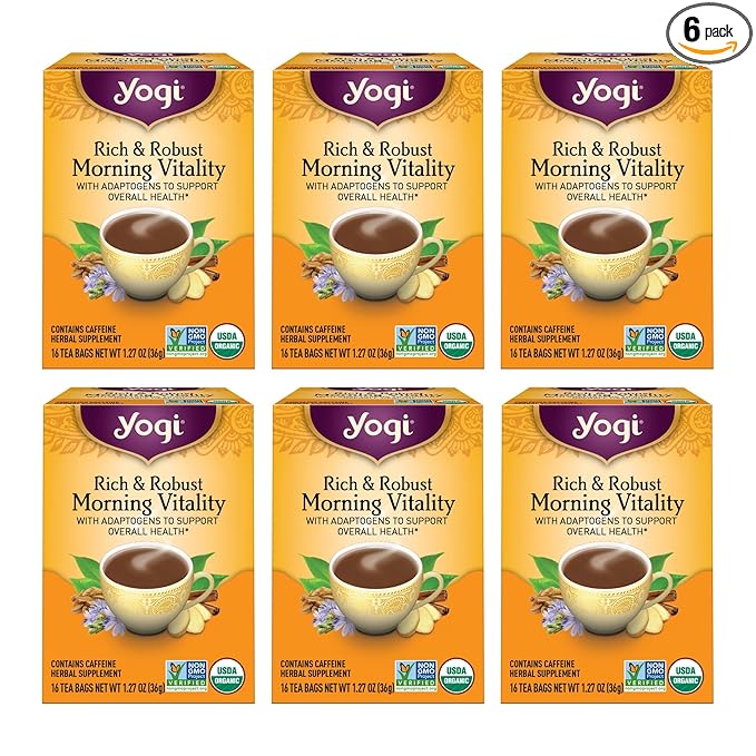 Yogi Tea Rich & Robust Morning Vitality - 16 Bags per Pack (6 Packs) - Organic Adaptogen Tea Perfect for the Morning - Includes Puerh Leaf, Roasted Chicory Root, Cinnamon Bark & More
