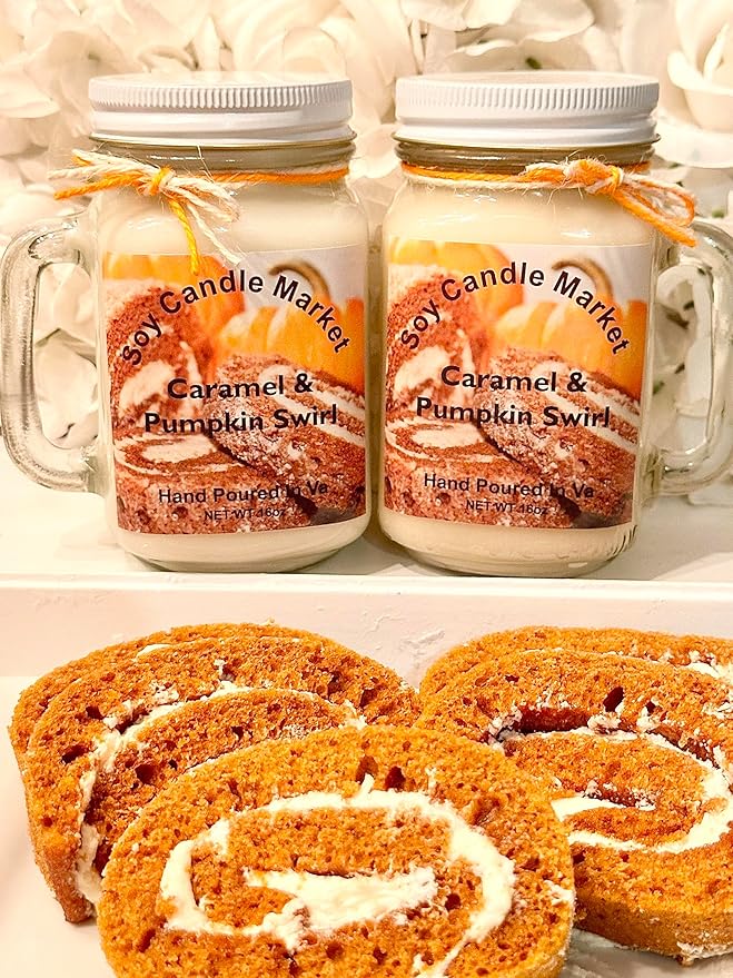 Soy Scented Candles | Handmade & Highly Aromatic Candles Burns Upto 85 Hours in Glass Jar - Perfect for Home Decor, Wedding, Birthday, Dinner (Caramel Pumpkin Swirl, 12 oz)