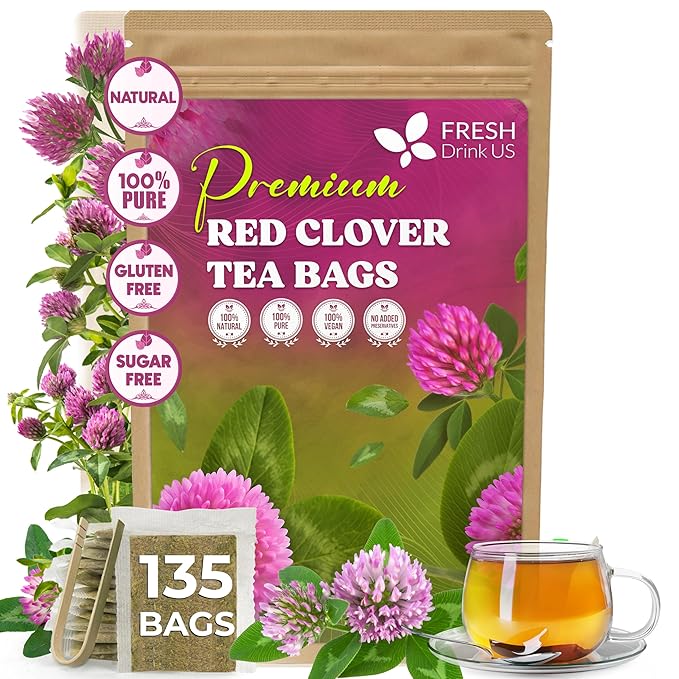 FreshDrinkUS, Premium Red Clover Herbal Tea– 135 Tea Bags – Pure – Naturally Smooth & Mild Flavor – Premium Quality, Eco-Conscious Packaging. Caffeine-Free. Gluten Free. Vegan
