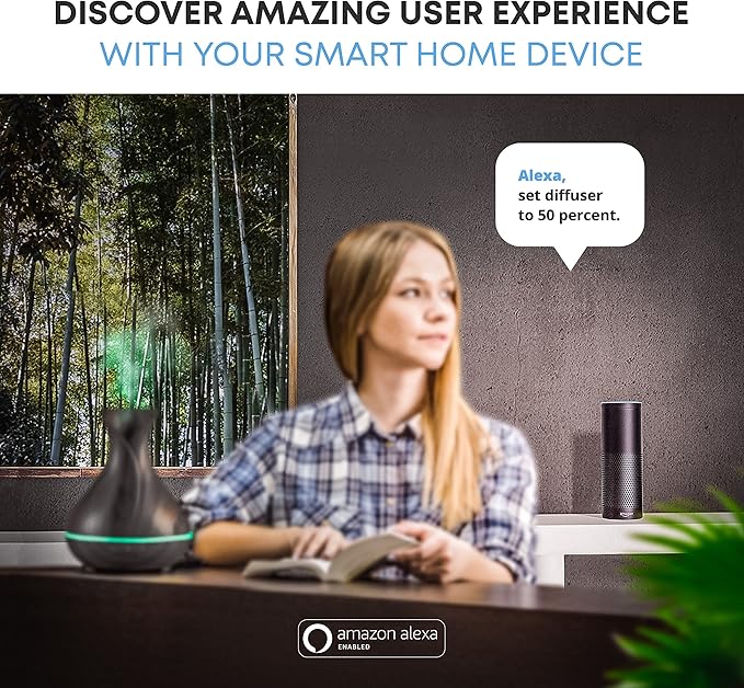 Smart WiFi Wireless Essential Oil Aromatherapy 400ml Ultrasonic Diffuser & Humidifier with Alexa & Google Home Phone App & Voice Control - LED & Timer Settings Dark Brown