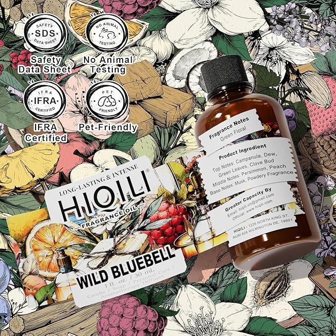 HIQILI Wild Bluebell Fragrance Oil for Candles, Soaps Making, Inspired by J-M.Lone Wild-Blubell, and More DIY Projects, Diffuser, Green Scents for Closets, Drawers - 1 Fl Oz